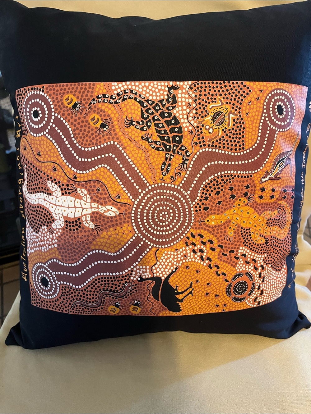 Aboriginal Dot Art Pillow by Linda Brown, titled “Water Hole Dreaming” multi col